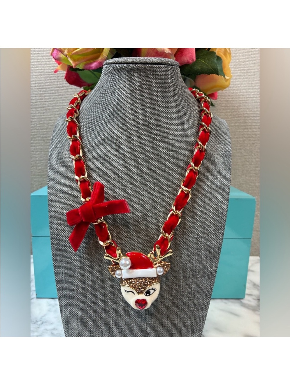 Betsy Johnson Reindeer Red Velvet Chain Necklace